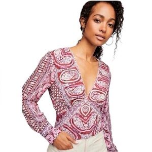 Free People Women’s Pink Wild and Free Printed Paisley Long Sleeve Smocked Top M